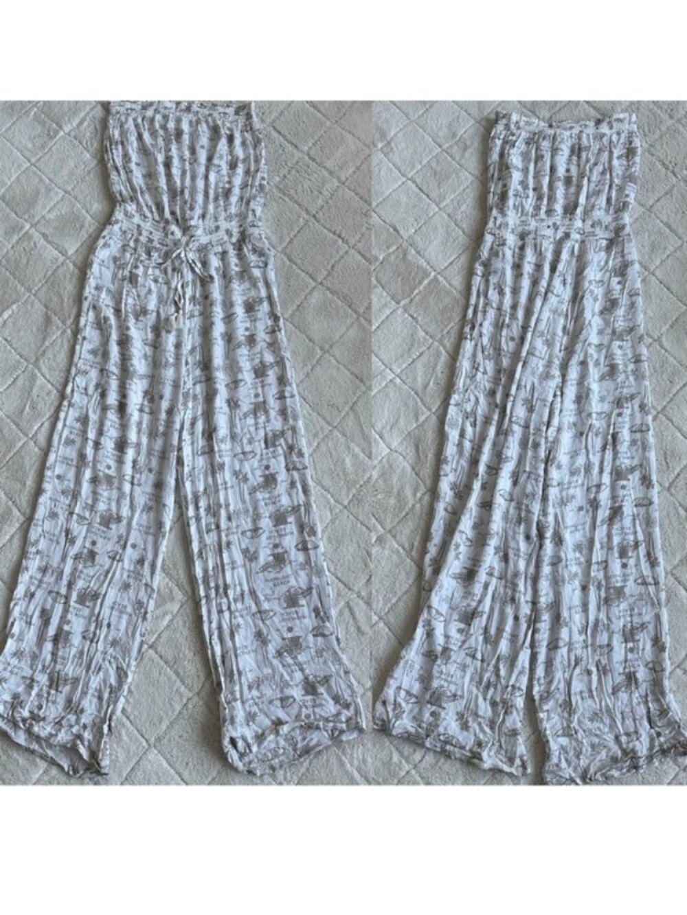 Aerie | Cream and Tan Palm Print Sleeveless Jumpsuit | Size Small